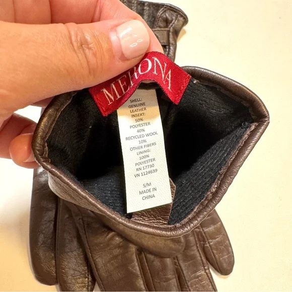 Vintage Merona Brown Leather Gloves with Tartan Plaid Fleece Detail Small Medium - Picture 7 of 7